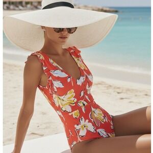 NWT Catalina Tropical Floral Ruffle One Piece Swimsuit Red V-Neck Old Money Sz L